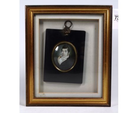 Early 19th Century British School portrait miniature Gentleman Wearing a Black Jacket Watercolour Oval 7 x 5cm Within a papie