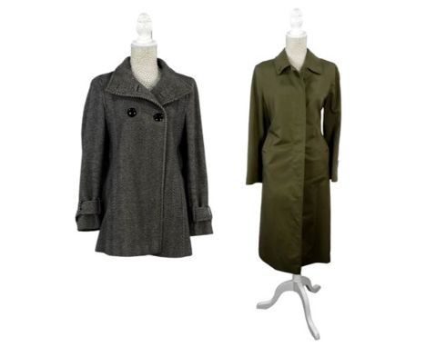 A Burberry trench coat - olive green with traditional lining, length 120cm, together with a ladies grey woollen overcoat (2)