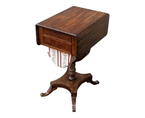 A William IV mahogany work table - the drop-leaf top above a pair of drawers and work basket, raised on a U-shaped and turned