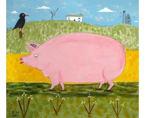 # Steve CAMPS (Cornish Contemporary b.1957) Pig, Chough and Engine House Acrylic on board Signed lower left  Framed Picture s