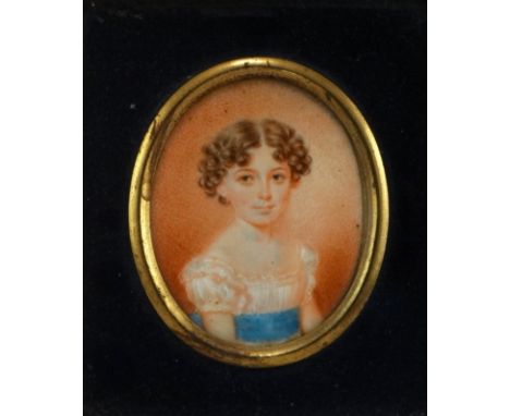 19th Century British School Portrait miniature of Wilmot Robyns nee Johns, aged four, wearing a white dress with blue sash Pi