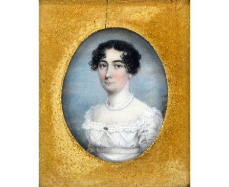 19th Century British School Portrait miniature of Wilmot Robyns nee Johns, wearing a white dress and pearls Picture size 7 x 