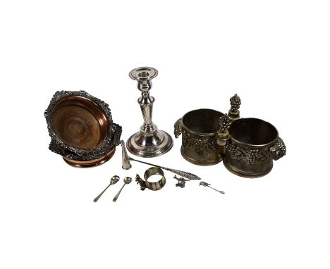 A pair of silver plated wine coasters - circular with foliate rim and a turned wooden base, diameter 17cm, together with anot
