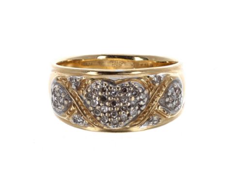 18ct yellow gold diamond band ring inset with heart shaped clusters, band width 10mm, 7gm, ring size Q/R