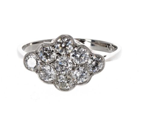 Platinum nine stone diamond cluster ring, round brilliant-cut, 0.90ct approx, clarity SI1, colour H/I, head width 10mm, 3.5gm