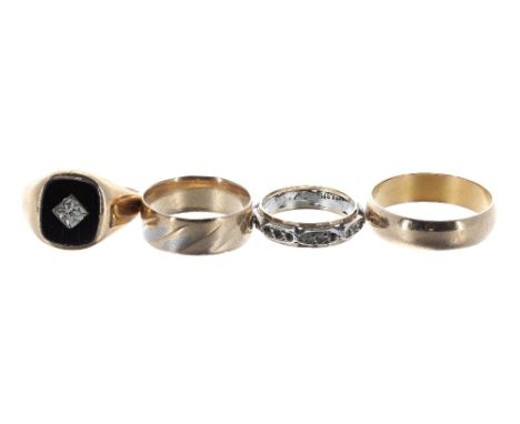 Two 9ct wedding band rings, 9ct onyx set signet ring and an eternity ring, 15.3gm (4)
