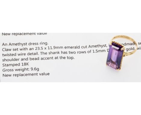 18ct amethyst single stone dress ring, claw set in a yellow gold split shoulder shank with bead accents, the amethyst 23.5mm 