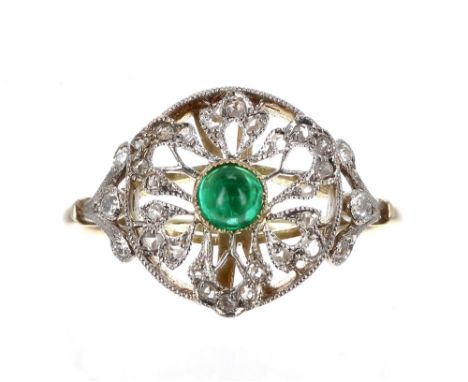 18ct and platinum cabouchon-cut single stone emerald ring within a filigree diamond set surround, head 12mm diameter 3.2gm, r