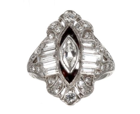 Fine Art Deco platinum diamond marquise cocktail ring, the central marquise set diamond 0.30ct approx, within a gem set surro