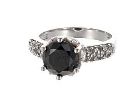 14k white gold black diamond solitaire diamond ring, with pavé round brilliant-cut shoulders, the black diamond 2.50ct approx