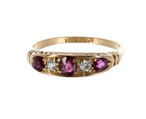 Edwardian 18ct ruby and diamond five stone boat shaped ring, band width 4.5mm, 3gm, ring size N