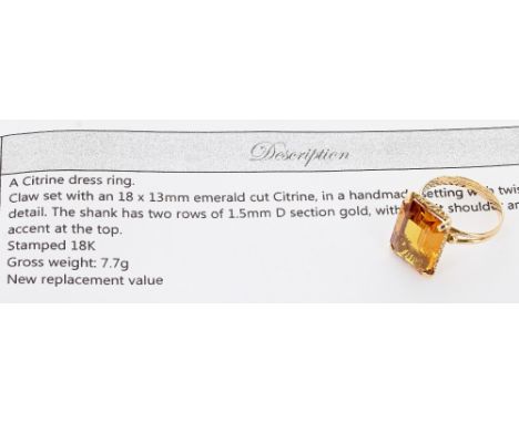 18ct citrine single stone dress ring, claw set in a yellow gold split shoulder shank with bead accents, the citrine 18mm x 13