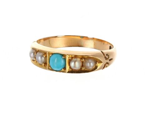 Victorian 18ct turquoise and pearl five stone ring, Birmingham 1893, band width 5.5mm, 3.6gm, ring size M 