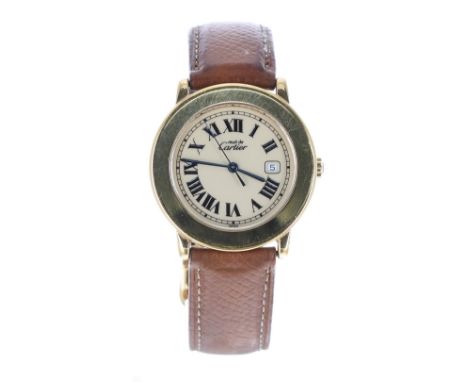 Must de Cartier Ronde Vermeil silver-gilt wristwatch, ref. 1800 1, serial no. 011xxx, quartz, tan leather strap with folding 