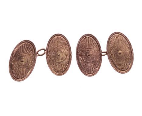 Pair of 9ct rose gold oval engine turned cufflinks, Chester 1925, 4.9gm, 19mm x 12mm 