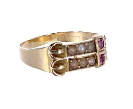 Victorian 15ct ruby and pearl buckle ring, width 8mm, 2.4gm, ring size Q/S