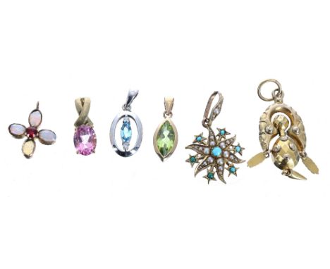 Six assorted gold mounted pendants to include zircon, peridot, opal and ruby, amethyst, 8.2gm (6)  