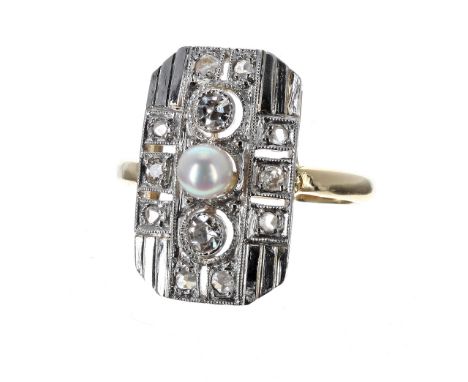 Art Deco 18ct and platinum pearl and diamond plaque ring, with a single pearl upon a pierced stylised millegrain diamond sett