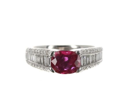 Good platinum and natural ruby ring with diamond set shoulders, the ruby 0.96ct approx, with eight baguette cut graduated dia