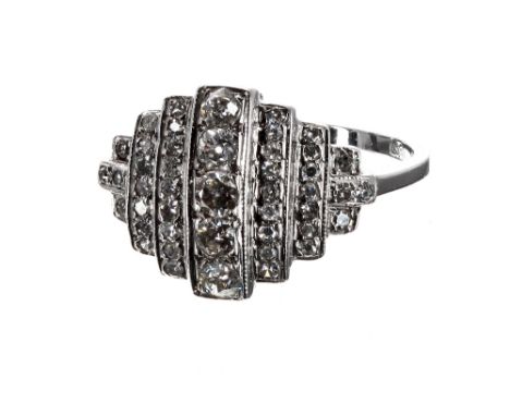 18k white gold diamond set cluster ring in the Art Deco style, round brilliant-cut, head 13mm x 17mm, 3.8gm, ring size N/O