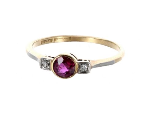 Art Deco and platinum three stone ruby and diamond ring, 2.3gm, ring size Q