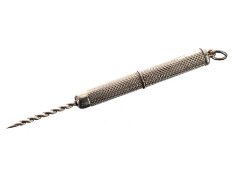 Vintage 9ct engine turned retractable toothpick, Birmingham 1968, maker Charles S Green &amp; Co, 6.3gm, 49mm closed