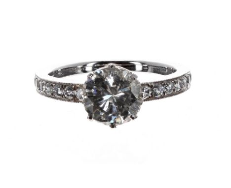 Impressive 18ct white gold solitaire diamond ring, round brilliant-cut 1.76ct, clarity I1 colour J/K, the shoulders each set 
