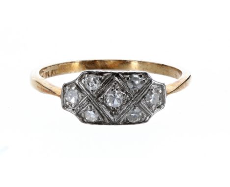 Antique 18ct and platinum diamond plaque ring, 3gm, ring size S/T