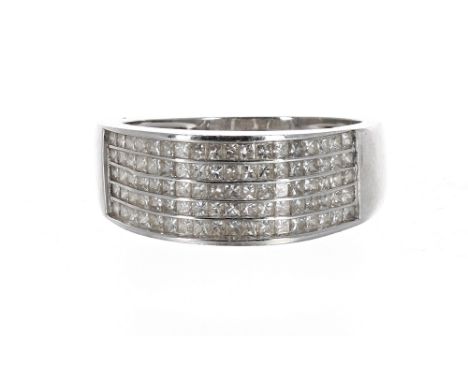 Modern 18ct white gold diamond set dress ring, channel set with five rows of princess-cut diamonds, band width 8mm, 5.3gm, ri