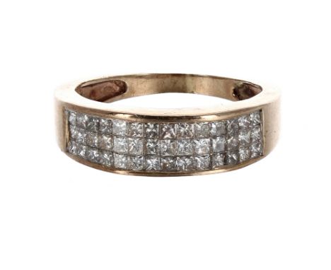 Three row diamond set half eternity band ring in 9ct yellow gold, with 42 princess-cuts, estimated 1.00ct, band width 6.5mm, 