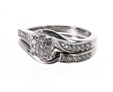 Modern 9ct white gold diamond bridal two piece ring, ring size J