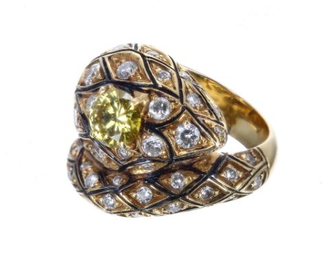 Attractive 18ct serpent design diamond ring, set with a central brilliant yellow cut diamond, 0.85ct approx, within a cluster