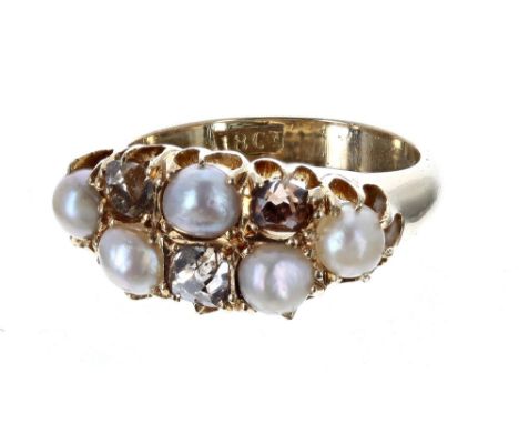 Antique 18ct pearl and old-cut diamond claw-set ring, head 9mm x 18.5mm, 4.7gm, ring size I- 