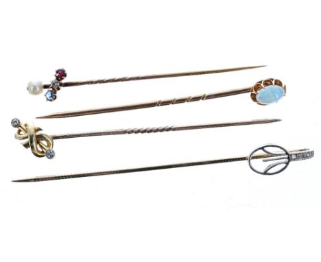 15ct opal set stick pin; with three other diamond set stick pins, 5.5gm (4)