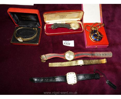 A Montine ladies watch, a Rotary Quartz ladies watch, a gents Timex watch and two other gents watches.