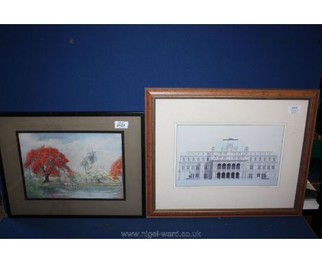 An architectural drawing Vienna Staatsoper by Andras Kalchor and a Watercolour "India" dated 1917.