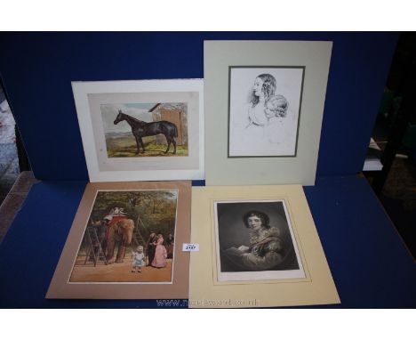 Four 19th c. Prints mounted on card "The Hunter Glengarry'', 14" x 12", two portraits and elephant print, 15" x 12" approx.