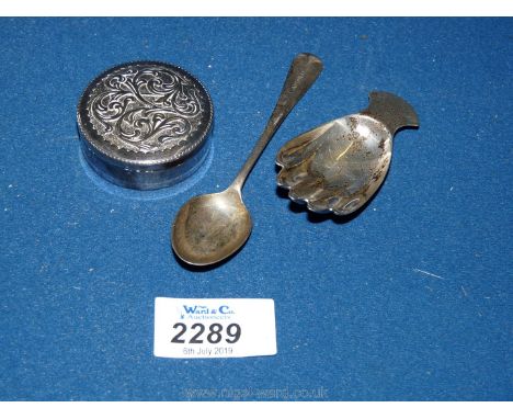 Three bits of silver to include pill box, Birmingham hallmark, along with a Asprey &amp; Co limited Caddy spoon, hallmarked S