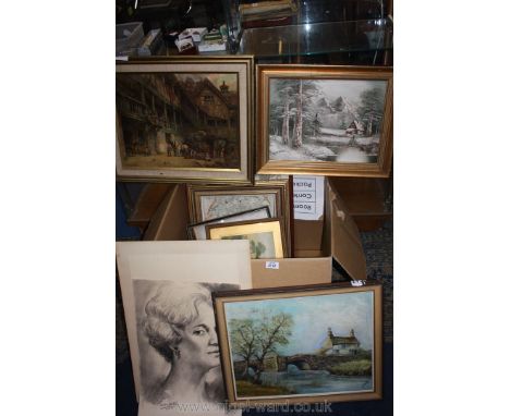 A quantity of prints and pictures including a Map of Herefordshire, Joel Kirk German Shepherd, E.M Bennett print on canvas of