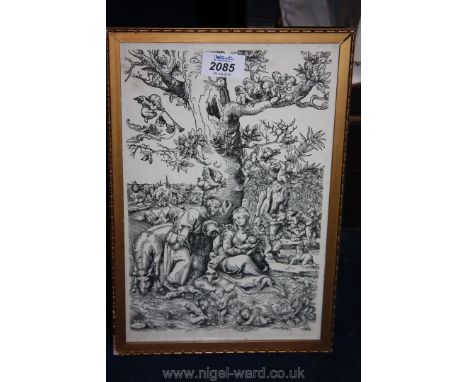 A gilt framed Lucas Cranach Print - Adam and Eve surrounded by cherubs, Rest on flight into Egypt.
