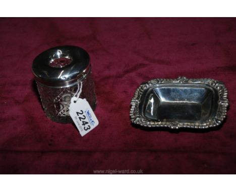 A silver rectangular trinket dish 4" long with elaborate rococo rim, Sheffield 1892 and a cut glass circular container with s