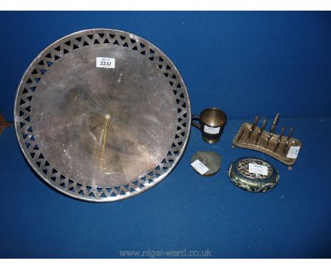 A large EPNS metal fruit stand, toast rack, goblet and enamel box.