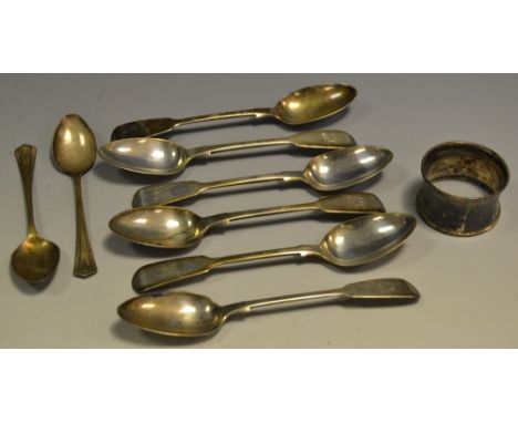 Eight various silver teaspoons;  a silver napkin ring