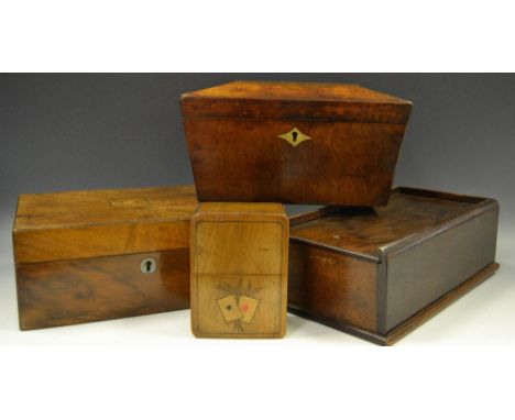 A 19th century sarcophagus fiddle back mahogany tea caddy, fitted interior with painted glass mixing bowl; a Victorian mahoga