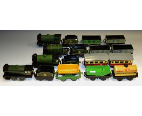 Hornby O Gauge - a Passenger Train comprising 0-4-0 Loco &amp; Tender Green No.60985 &amp; two Pullman Coaches; another Goods