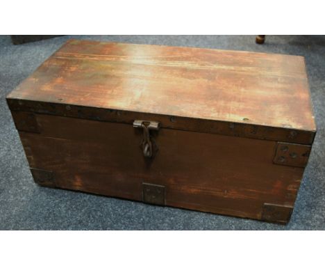 A stained pine small ammunition box swing handles, metal mounts, 27cm high x 61cm wide x 31cm deep