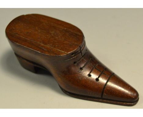 A mahogany novelty snuff box, as a shoe