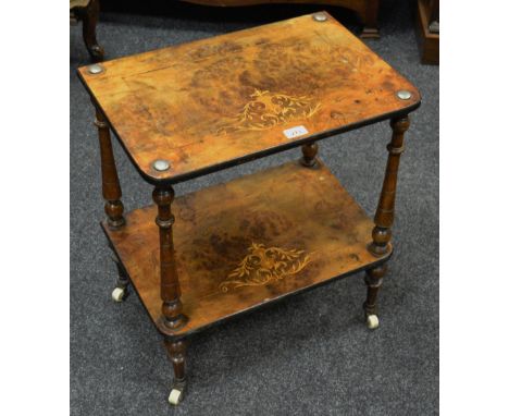 A 19th century inlaid two tier occasional table, rectangular top, turned legs, ceramic casters.