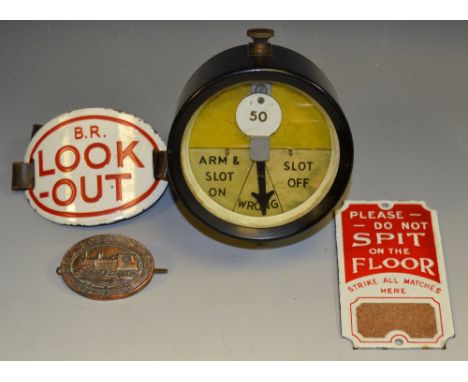 Railwayana - a signal box repeater; an enamel sign and armband; a cap badge, LB & SCR Loco Dept (4)