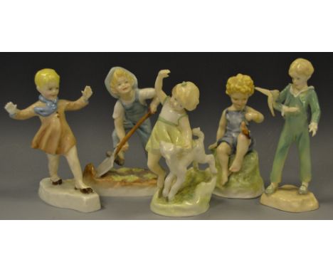 A Royal Worcester figure, Parakeet Boy, printed mark in black;  others, The Gardener;  Tea Time;  The Slide;  Springtime (5)
